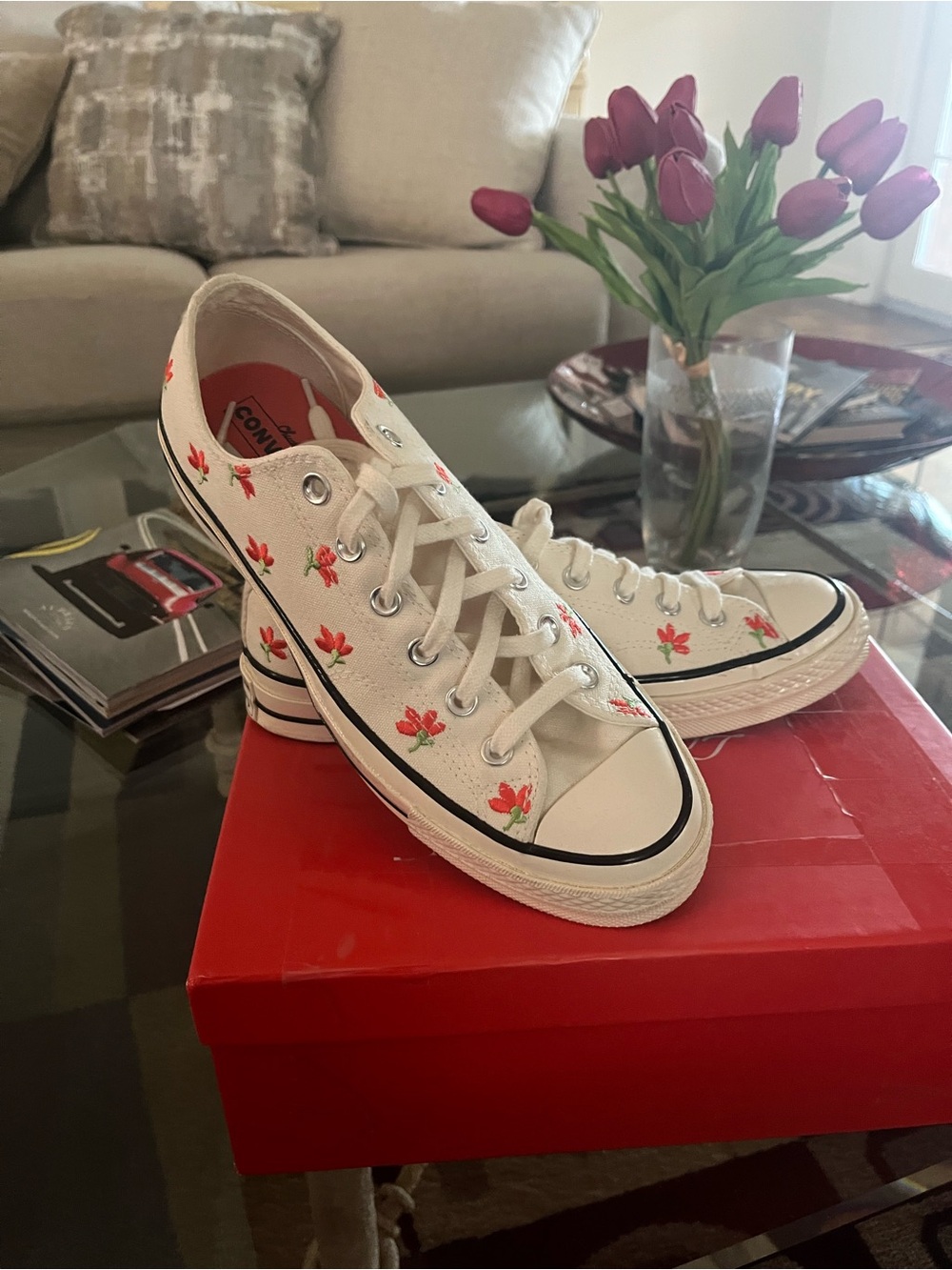 New Converse Chuck Taylor White Low-Top Sneakers with Red Floral Embroidery